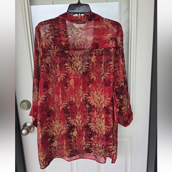 Catherines Sheer Tunic Top 2X Plus Womens 3/4 Sleeve Orange Paisely Open Front - Picture 13 of 15